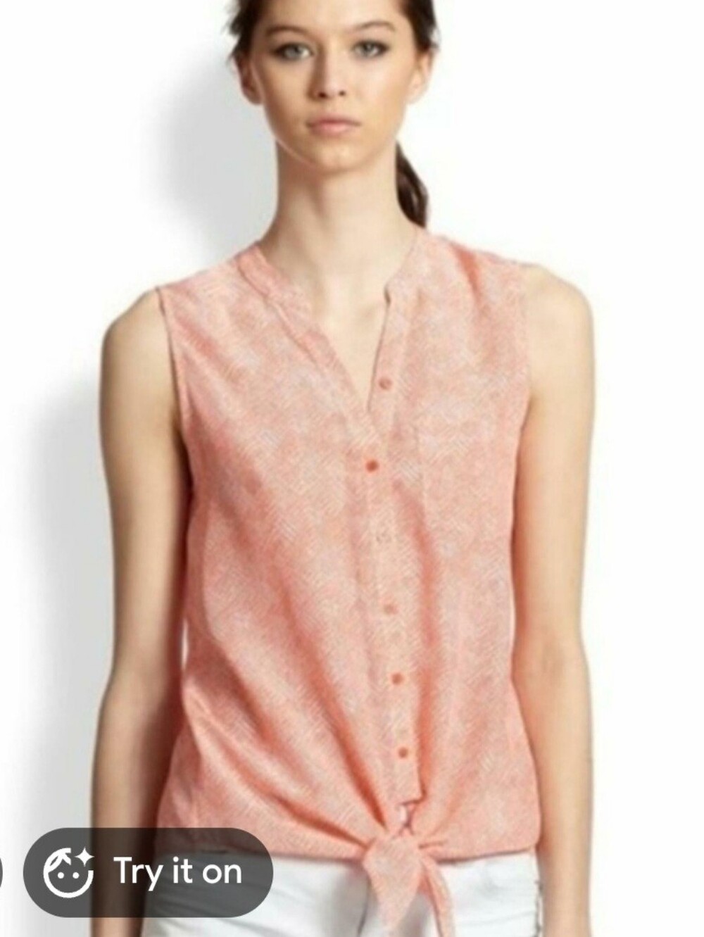 Chico's Women's Sleeveless Button Front Tie Hem Blouse Peach Print Size 2